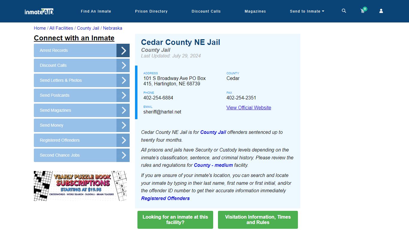 Cedar County NE Jail - Inmate Locator